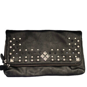 Black leather studded clutch handbag